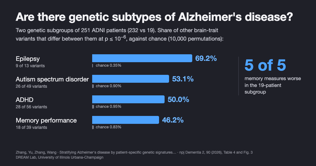 Bar chart of the share of trait-associated variants that differ between the two Alzheimer's subgroups at p at or below one in a million, compared with chance. Epilepsy 69.2% (9 of 13) versus 0.35% expected by chance; autism spectrum disorder 53.1% (26 of 49) versus 0.90%; ADHD 50.0% (28 of 56) versus 0.95%; memory performance 46.2% (18 of 39) versus 0.83%.